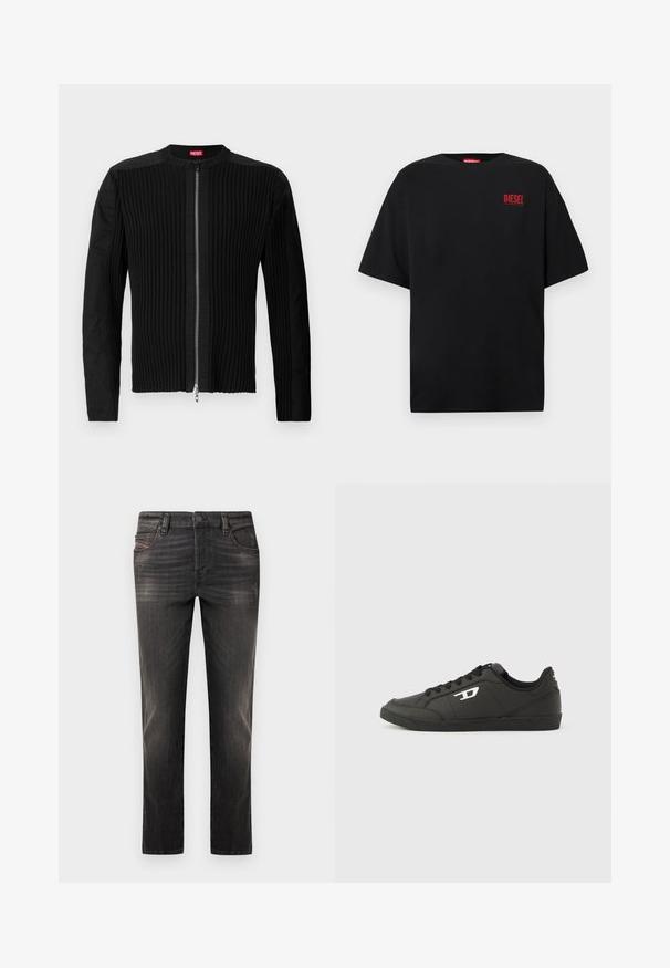 Zwarte ritsjack met verticale ribbels en een ronde halslijn. Zacht materiaal met lange mouwen en een aansluitende pasvorm.; Zwart T-shirt van katoen met korte mouwen, een ronde hals en een rood "DIESEL"-logo op de linkerborst.; Zwarte denim jeans met een vervaagd ontwerp, rechte pijp, vijfzakkenstijl en knoopsluiting. Voorzien van subtiele stiksels en metalen accenten.; Zwarte sneakers van synthetisch materiaal met een geribbelde zwarte zool, ronde neus en vlakke zwarte veters. Opvallend wit logomerk aan de buitenzijde.