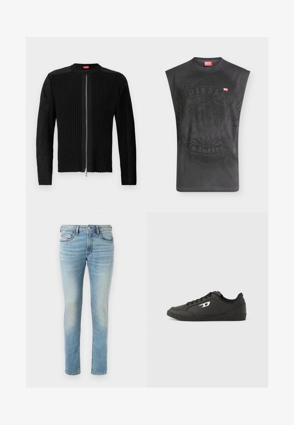 Zwarte ritsjack met verticale ribbels en een ronde halslijn. Zacht materiaal met lange mouwen en een aansluitende pasvorm.; Mouwloos zwart Diesel T-shirt met subtiele adelaarafbeelding en klein rood Diesel logo op de borst.; Lichtblauwe denim spijkerbroek met een slim fit, vijf-pocket ontwerp en subtiele vervaging, met knoopsluiting en riemlussen.; Zwarte sneakers van synthetisch materiaal met een geribbelde zwarte zool, ronde neus en vlakke zwarte veters. Opvallend wit logomerk aan de buitenzijde.