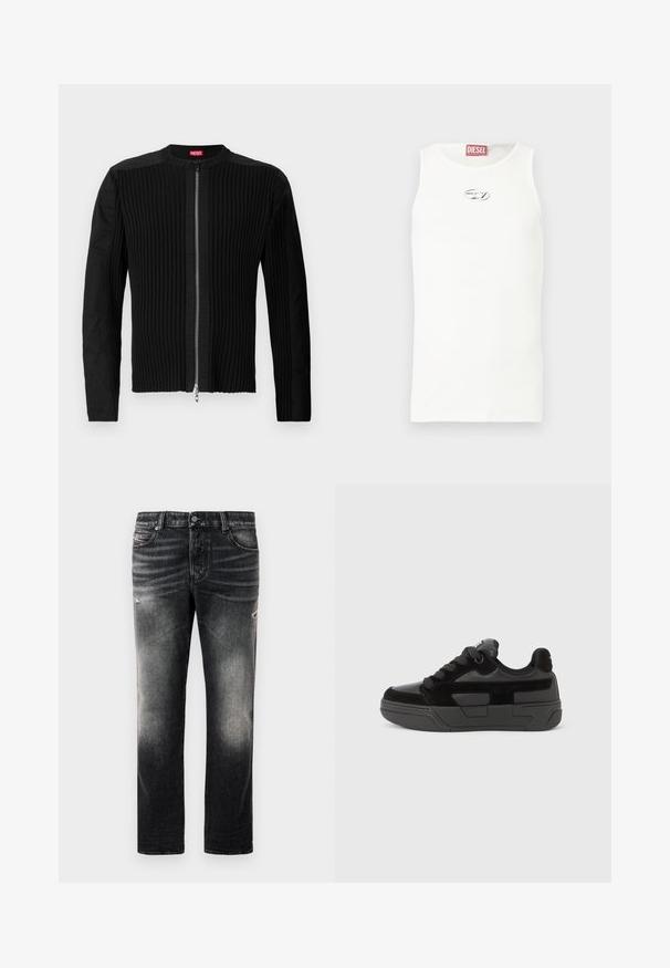Schwarze Jacke mit Reißverschluss vorne, die eine vertikale gerippte Struktur und einen runden Ausschnitt aufweist. Weicher Stoff mit langen Ärmeln und einer taillierten Silhouette.; Weißes ärmelloses Tanktop aus glattem Stoff, mit kleinem silbernem Logo auf der Brust und einem roten Etikett am Halsausschnitt.; Schwarze Jeans mit einem verblassten Finish und verwaschenen Akzenten, klassisches Fünf-Taschen-Design und Reißverschluss. Hergestellt aus Denim-Stoff.; Schwarzer Sneaker mit einer Mischung aus glatten und strukturierten Materialien, ausgestattet mit einer runden Spitze, dicker Sohle und Schnürverschluss. Minimalistisches Design mit Akzenten.