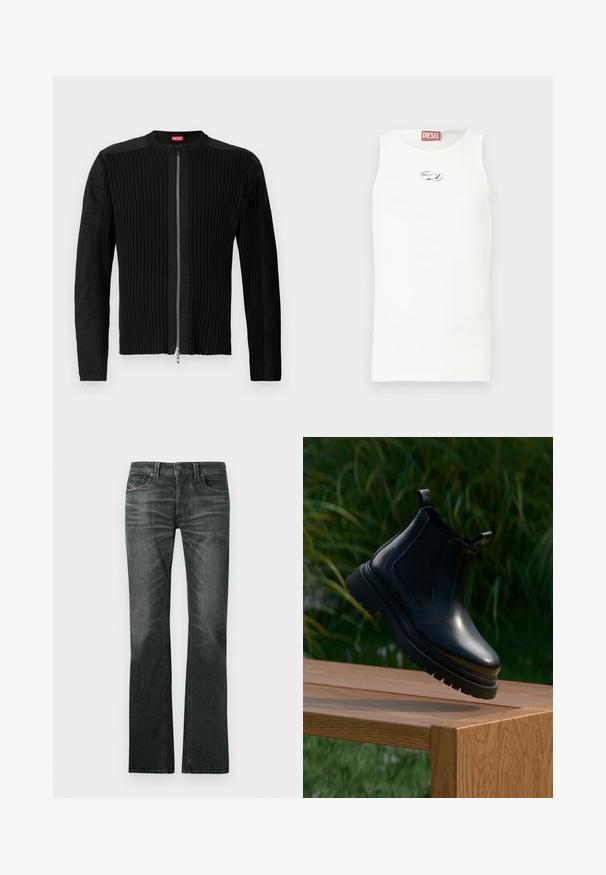 Schwarze Jacke mit Reißverschluss vorne, die eine vertikale gerippte Struktur und einen runden Ausschnitt aufweist. Weicher Stoff mit langen Ärmeln und einer taillierten Silhouette.; Weißes ärmelloses Tanktop aus glattem Stoff, mit kleinem silbernem Logo auf der Brust und einem roten Etikett am Halsausschnitt.; Dunkelgraue Jeans aus Denim mit weit ausgestelltem Schnitt, Knopfverschluss, fünf Taschen und dezentem Verblassen auf der Vorderseite.; Schwarze Leder-Chelsea-Stiefel mit abgerundetem Zehenbereich, dicker Gummisohle und seitlichen elastischen Einsätzen, auf einer Holzoberfläche mit grünem Hintergrund präsentiert.