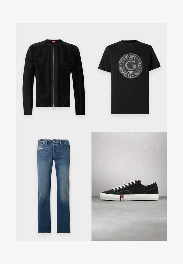Schwarze Jacke mit Reißverschluss vorne, die eine vertikale gerippte Struktur und einen runden Ausschnitt aufweist. Weicher Stoff mit langen Ärmeln und einer taillierten Silhouette.; Schwarzes Baumwoll-T-Shirt mit einem runden weißen Grafik, auf der der Buchstabe "G" und der Text "GUESS EST. 1981" in horizontalem Muster abgebildet sind. Kurze Ärmel.; Blau Jeans aus Denim mit geradem Bein, leichtem Verblassen an den Oberschenkeln, Fünf-Taschen-Stil und Knopfverschluss am Bund.; Schwarzer Low-Top-Sneaker mit weißen Schnürsenkeln und Sohle, versehen mit dem rot-weiß-blauen Tommy Hilfiger-Logo auf der Zunge und Seite.