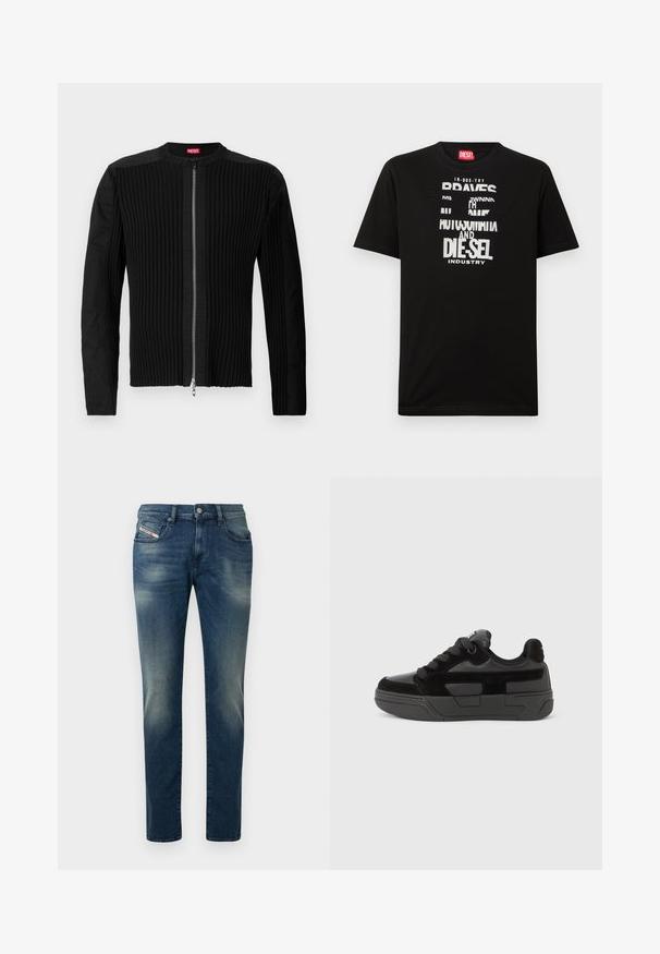 Zwarte ritsjack met verticale ribbels en een ronde halslijn. Zacht materiaal met lange mouwen en een aansluitende pasvorm.; Zwart katoenen T-shirt met opvallende witte tekstgrafieken, waaronder "DIESEL" en "INDUSTRY", met een ronde hals en korte mouwen.; Donkerblauwe spijkerbroek met een vervaagde wassing, recht model en een licht beschadigde knie. Voorzien van voorzakken en een metalen knoopsluiting.; Zwarte sneaker met een mix van gladde en gestructureerde materialen, voorzien van een afgeronde neus, dikke zool en vetersluiting. Minimalistisch ontwerp met accenten.