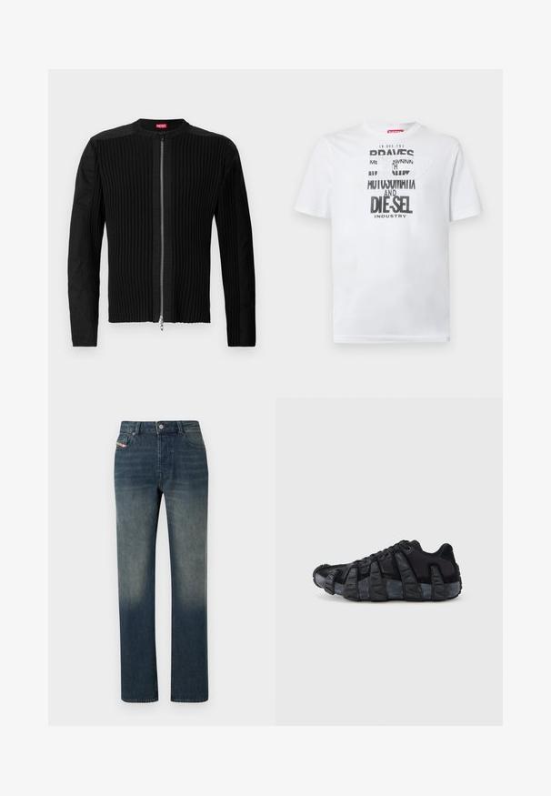 Zwarte ritsjack met verticale ribbels en een ronde halslijn. Zacht materiaal met lange mouwen en een aansluitende pasvorm.; Wit katoenen T-shirt met gedurfde zwarte typografie met de woorden "BRAVES" en "DIE-SEL INDUSTRY" en een semi-transparant uitgesneden ontwerp.; Blauwe denim jeans met rechte pijpen, een vervaagde wassing, knoop- en ritssluiting aan de voorkant, en een ontwerp met vijf zakken.; Zwarte sneaker met een opvallende geribbelde zool, veterontwerp en een bovenwerk van gemengd textiel en suède, weergegeven vanaf de buitenkant op een witte achtergrond.