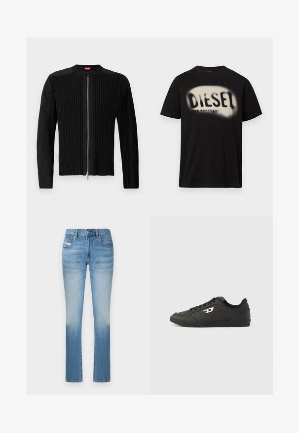 Zwarte ritsjack met verticale ribbels en een ronde halslijn. Zacht materiaal met lange mouwen en een aansluitende pasvorm.; Zwart katoenen T-shirt met een groot, wazig wit logo met het woord "DIESEL" aan de voorkant. Korte mouwen, ronde hals.; Lichtblauwe denim jeans met een aansluitend ontwerp, voorzien van een rechte pijp en subtiele vervaging richting de onderkant. Klassieke vijfzakkenstijl.; Zwarte sneakers van synthetisch materiaal met een geribbelde zwarte zool, ronde neus en vlakke zwarte veters. Opvallend wit logomerk aan de buitenzijde.