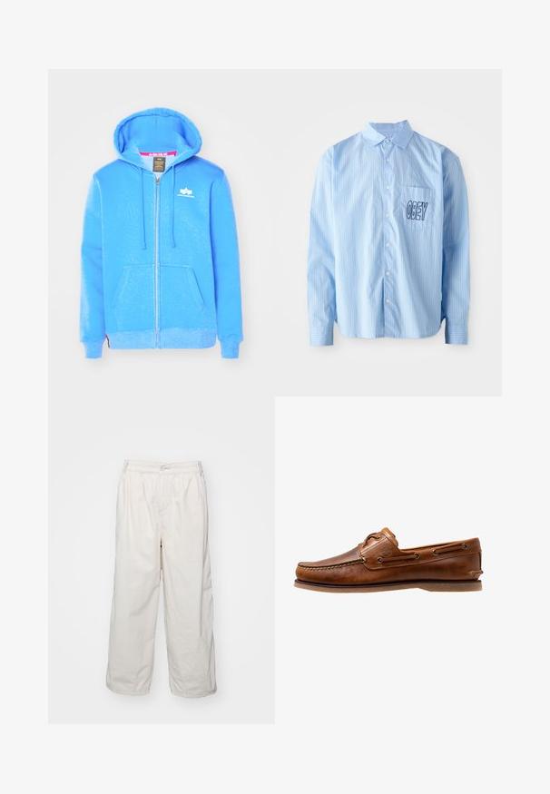 Sudadera azul con cremallera hecha de un tejido suave, que cuenta con un bolsillo frontal, capucha con cordón y un logo blanco en el pecho.; Camisa de botón de rayas azul claro con mangas largas, que presenta un bolsillo en el pecho con "OBEY" bordado en letras negras en negrita.; Pantalones de algodón blancos de pernera ancha con cinturilla elástica, con cierre de botón en la parte delantera y bolsillos laterales. Textura suave y diseño minimalista.; Zapato de barco de cuero marrón con acentos de costura, con ojales de metal, una costura elevada en la puntera y una suela de goma plana.