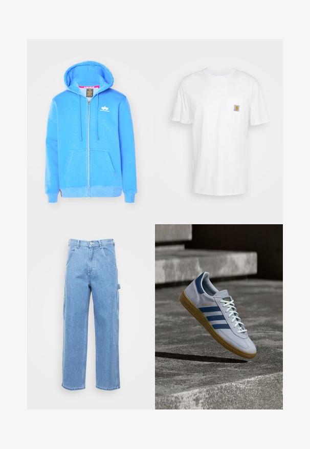 Haut à capuche zippé bleu en tissu doux, avec une poche avant, un capuchon à cordon de serrage et un logo blanc sur la poitrine.; T-shirt en coton blanc à manches courtes, avec une poche poitrine et un petit patch logo carré en orange et blanc sur la poche.; Pantalons cargo en denim bleu clair avec jambe droite, poches avant et poches cargo sur le côté. La texture du tissu est lisse avec une finition légèrement délavée.; Baskets Adidas Spezial bleu clair avec des rayures bleu marine et une semelle en gomme, montrées en l'air au-dessus d'escaliers en béton dans un environnement extérieur neutre.