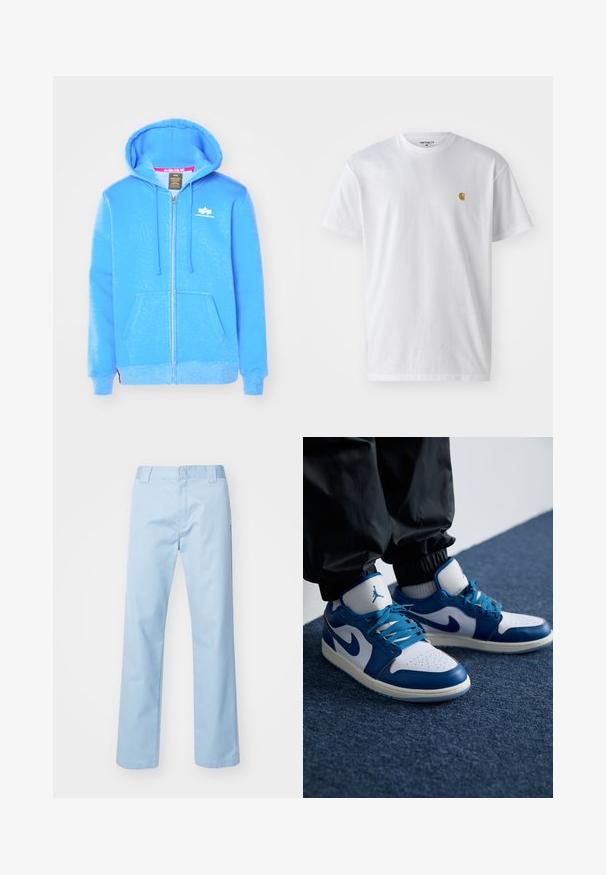 Haut à capuche zippé bleu en tissu doux, avec une poche avant, un capuchon à cordon de serrage et un logo blanc sur la poitrine.; T-shirt en coton blanc à manches courtes, col rond, avec un petit logo doré sur la poitrine gauche. Texture douce et coupe régulière.; Pantalon droit bleu clair en tissu mélangé de coton. Présente une taille plate à l'avant, des poches latérales et aucun motif ou embellissement visible.; Les baskets Nike Air Jordan présentent une base en cuir blanc avec des accents en synthétique bleu, une boîte à orteils perforée et des lacets bleus.