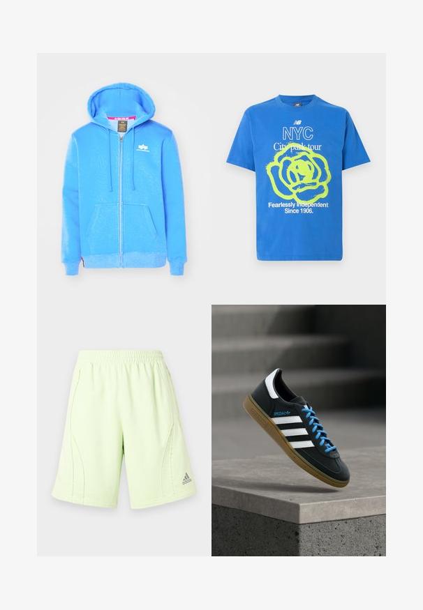 Haut à capuche zippé bleu en tissu doux, avec une poche avant, un capuchon à cordon de serrage et un logo blanc sur la poitrine.; T-shirt bleu à manches courtes avec un graphisme abstrait de rose jaune et un texte blanc indiquant NYC City park tour Fearlessly Independent Since 1906.; Shorts de sport vert clair avec taille élastique, coutures latérales et un logo brodé sur la jambe inférieure droite. Texture douce et lisse.; Baskets Adidas noires avec des rayures blanches, des lacets bleus et une semelle en gomme flottant au-dessus d'une marche en béton grise sous une lumière douce.