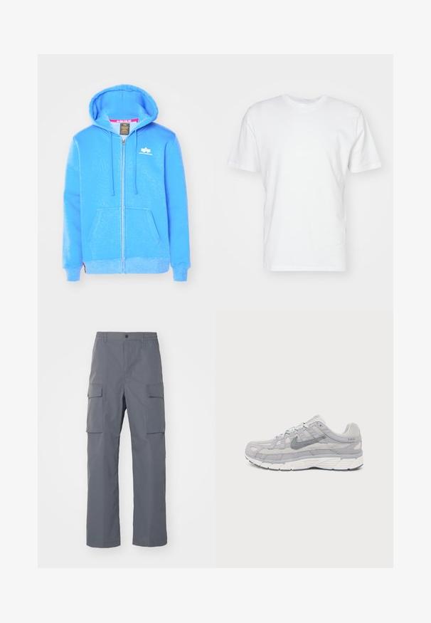 Sudadera azul con cremallera hecha de un tejido suave, que cuenta con un bolsillo frontal, capucha con cordón y un logo blanco en el pecho.; Camiseta de algodón blanca con manga corta, escote redondo y una textura suave. Diseño simple sin patrones ni gráficos.; Pantalones cargo grises hechos de una tela duradera. Las características incluyen una cinturilla elástica, dos grandes bolsillos laterales y un corte recto.; Zapatilla Nike P-6000 de color gris claro con parte superior de ante y malla, logo swoosh gris oscuro, suela blanca y diseño con cordones, mostrada de lado sobre fondo blanco.