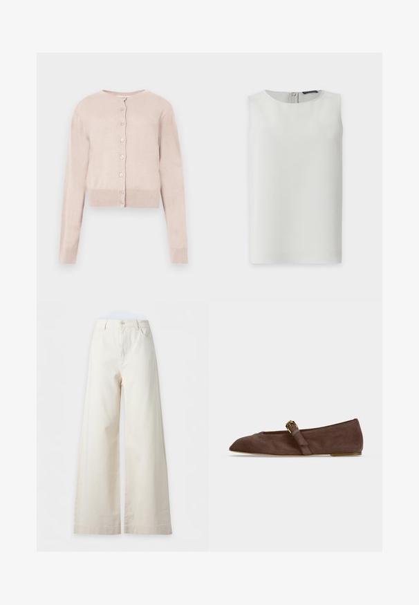 Lyserød cropped cardigan med knapper, lange ærmer og ribkant ved ærmer og nederdel, vist på hvid baggrund.; Ærmeløs hvid bluse med rund halsudskæring og synlig lynlås bagpå, vist mod en enkel hvid baggrund.; Kremfarvede bukser med høj talje og vide ben med for- knap, sidelommer, bæltestropper og synlig syning på kanten.; Brun ruskind flad sko med spids tå og guldbeslået rem på siden, vist i profil mod hvid baggrund.
