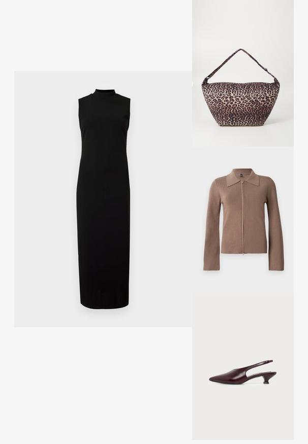 Brun zip-up cardigan med krave, lange ærmer, ribbet tekstur og en tætsiddende silhuet. Minimalistisk design uden synlig branding eller mønstre.; Sort ærmeløs kjole med høj hals. Lavet af et glat, strækbart stof. Tæt figursyet form med en lang, lige kant. Ingen synlige mønstre eller detaljer.; Dames mørkerød burgundy læder slingback sko med spidst tåparti og lavt buet hæl, sidevisning på hvid baggrund.; Skuldertaske i leopardmønstret stof med en bred, asymmetrisk form, tekstureret overflade og en enkelt, polstret skulderrem.