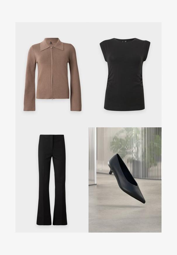 Cardigan zippé brun avec un col, des manches longues, une texture côtelée et une silhouette ajustée. Design minimaliste, sans logo ni motifs visibles.; Haut noir ajusté sans manches, avec un col rond et un léger fronces sur les côtés, présenté sur un fond clair uni.; Pantalons évasés noirs en tissu lisse. Dotés d'une coupe ajustée, d'une pliure à l'avant et d'une fermeture à glissière dissimulée.; Chaussure noire à talon kitten à bout pointu flottant au-dessus d'un sol en béton lisse avec des panneaux translucides verticaux en arrière-plan.