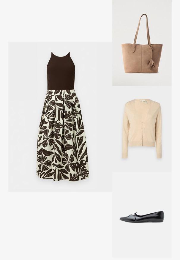 Cárdigan beige fabricado con una suave tela de punto. Presenta un escote en V profundo, mangas largas y seis botones en la parte delantera.; Vestido sin mangas con corpiño ajustado de color marrón oscuro sólido y falda alta, amplia y color crema con grandes estampados florales marrón oscuro.; Bailarina de charol negro con punta afilada, correa decorativa y textura lisa. Diseño minimalista sin adornos visibles.; Bolso tote de ante en beige apagado con dos correas largas, un diseño sencillo y un detalle de adorno atado en un lado. Textura suave en toda la superficie.