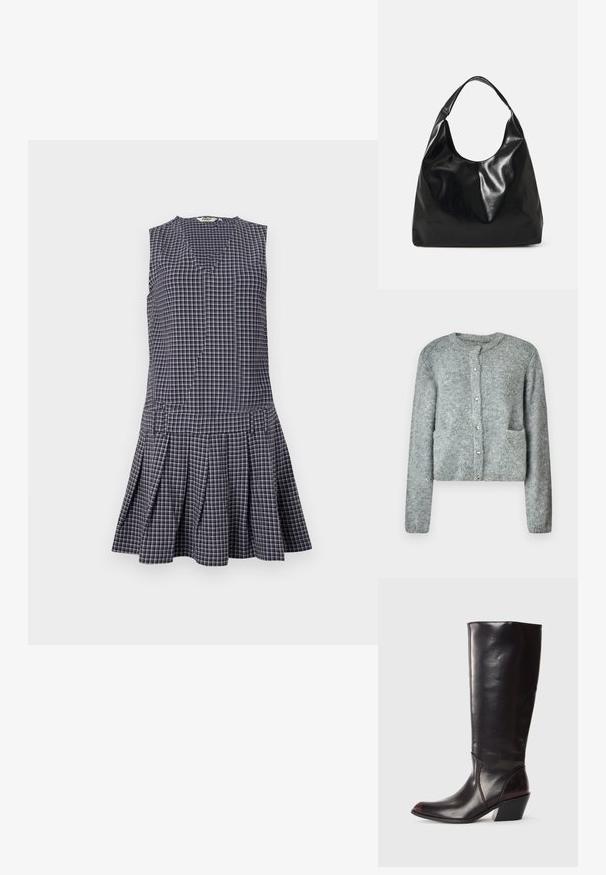 Cardigan en tricot gris clair avec un col rond, une fermeture à boutons, des manches longues et deux poches avant. Texture douce et motif subtil.; Robe à carreaux bleu marine avec un décolleté en V, sans manches, jupe plissée et taille structurée. Fabriquée en tissu léger.; Botte en cuir brun foncé, à hauteur de genou, avec un bout pointu, un talon bloc angulaire et une texture lisse et brillante. Présente un design épuré et des détails de couture.; Sac hobo en cuir noir avec une texture douce et brillante et un haut ouvert arrondi. Dispose d'une large sangle courbée pour le transport. Pas de matériel visible.