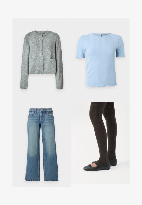 Cardigan en tricot gris clair avec un col rond, une fermeture à boutons, des manches longues et deux poches avant. Texture douce et motif subtil.; Haut tricoté côtelé à manches courtes bleu clair avec des motifs verticaux subtils et des bords festonnés sur les manches et l'ourlet.; Jean en denim bleu clair à coupe large, avec une taille mi-haute, des poches avant et un léger délavage, affichant une texture lisse.; Jambes portant des leggings côtelés foncés associés à des ballerines noires avec de petits détails en nœud sur fond blanc.