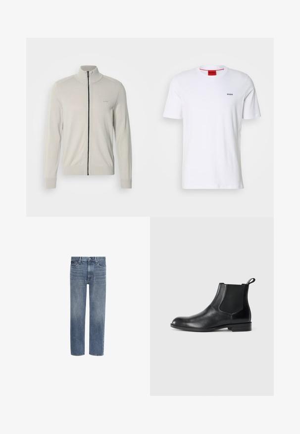 Lichtgrijze zip-up sweater met een hoge kraag, ribbelmanchetten en -zoom, voorzien van een subtiele logo op de borst en een contrasterende zwarte rits.; Witte katoenen t-shirt met korte mouwen, een ronde halslijn en een klein zwart "HUGO" logo op de linkerkant van de borst. Voorzien van een rood etiket aan de binnenkant van de hals.; Blauwe spijkerbroek met rechte pijpen, voorzakken, riemlussen en een knoopsluiting.; Zwarte leren enkelboot met elastische zijpanelen, ronde neus en een trekhaak. Gladde textuur, platte zool, minimalistisch ontwerp.