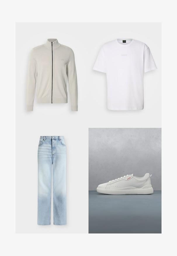 Lichtgrijze zip-up sweater met een hoge kraag, ribbelmanchetten en -zoom, voorzien van een subtiele logo op de borst en een contrasterende zwarte rits.; Witte katoenen T-shirt met korte mouwen, ronde halslijn en reliëf 'BOSS' logo op de borst. Veilig textuur, standaard pasvorm.; Lichtblauwe, hoog getailleerde, rechte jeans met voorzakken, riemlussen en een knoopsluiting.; Witte sneaker met een gladde leren afwerking, ronde neus, vier veterogen, subtiele perforaties en een rood logo detail aan de zijkant.