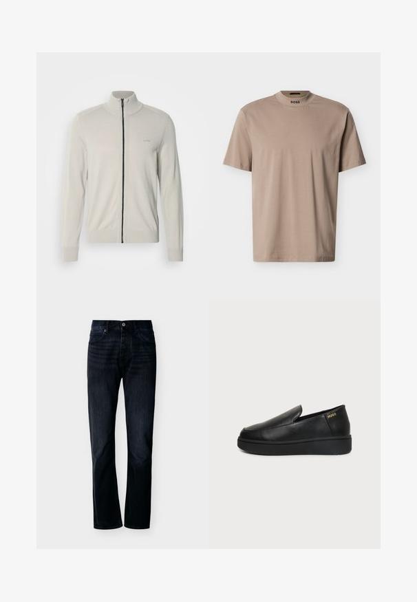 Lysegrå zip-up sweater med høj krave, ribbede manchetter og kant, med et diskret logo på brystet og en kontrasterende sort lynlås.; Beige T-shirt med korte ærmer og høj rund hals med "BOSS"-branding på kraven. Fremstillet af blødt stof med en glat tekstur.; Mørk indigoblå jeans med lige ben, lukning foran med knap og lynlås, bæltestropper og fem-lomme-design, vist på ensfarvet lys baggrund.; Sort læder slip-on sko med tyk sål og små sideventilationshuller, med gulddetalje "HUGO" logo nær hælen.