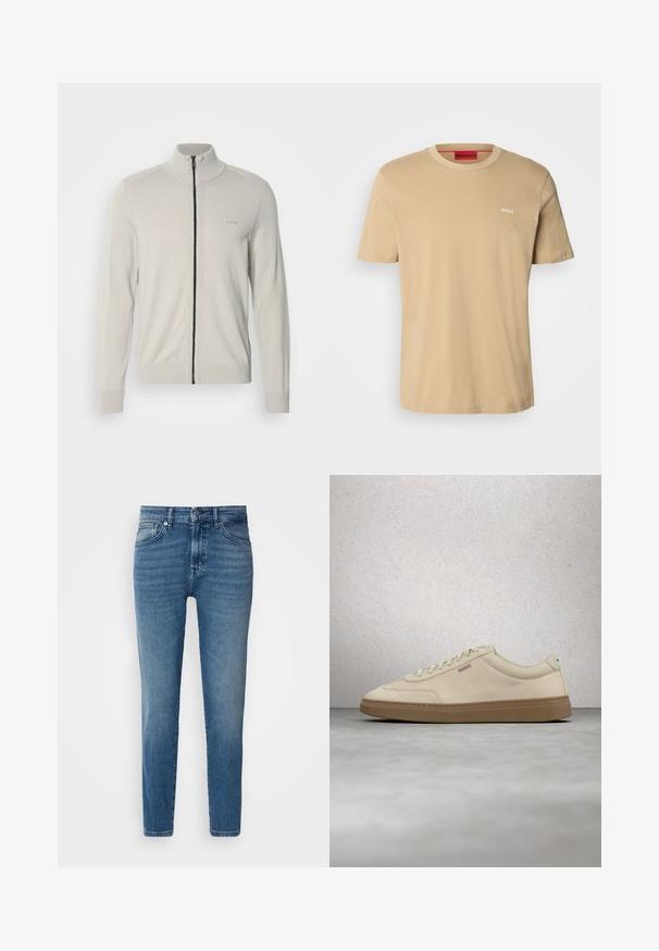 Suéter de cremallera gris claro con cuello alto, puños y dobladillo acanalados, que presenta un sutil logo en el pecho y una cremallera negra contrastante.; Camiseta de algodón beige con cuello redondo, mangas cortas y un pequeño logo blanco "HUGO" en el pecho. Textura suave sin patrones.; Jeans de denim azul claro con corte recto, diseño tradicional de cinco bolsillos, cierre de botón de metal y un ligero desvanecimiento en la parte delantera.; Zapatilla de ante beige claro con suela de goma color caramelo, cordones prominentes y detalles de costura sutiles. Diseño limpio con una estética minimalista.