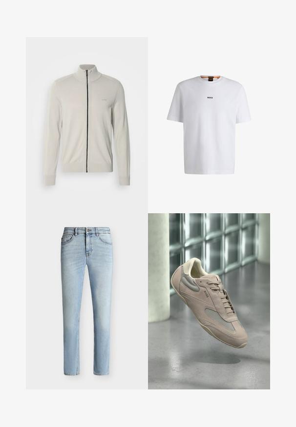 Suéter de cremallera gris claro con cuello alto, puños y dobladillo acanalados, que presenta un sutil logo en el pecho y una cremallera negra contrastante.; Camiseta de algodón blanca de manga corta, con un logotipo negro "BOSS" centrado en el pecho y un diseño de cuello redondo.; Vaqueros ajustados de denim azul claro con botón y cremallera delanteros, diseño de cinco bolsillos y sutil desgaste desde el muslo hasta la rodilla.; Zapatilla de ante rosa claro y malla con cordones, punta redondeada y detalles beige; presentada sobre un fondo minimalista.