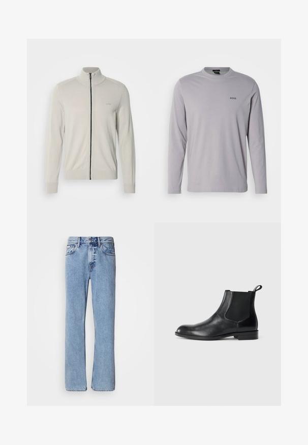 Lichtgrijze zip-up sweater met een hoge kraag, ribbelmanchetten en -zoom, voorzien van een subtiele logo op de borst en een contrasterende zwarte rits.; Lichtgrijs katoenen t-shirt met lange mouwen, voorzien van een ronde hals en een klein zwart "BOSS" logo op de linkerborst.; Lichtblauwe denim jeans met een recht ontwerp, vijf zakken en een knoopsluiting. Stikdetails nabij de zakken en de tailleband.; Zwarte leren enkelboot met elastische zijpanelen, ronde neus en een trekhaak. Gladde textuur, platte zool, minimalistisch ontwerp.