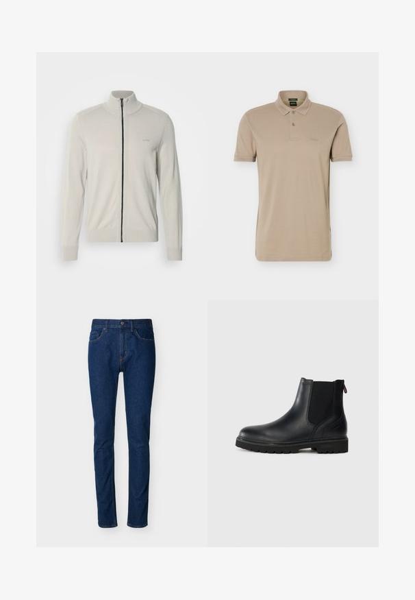 Lysegrå zip-up sweater med høj krave, ribbede manchetter og kant, med et diskret logo på brystet og en kontrasterende sort lynlås.; Beige polo-shirt med korte ærmer, to knapper og et lille præget logo på venstre bryst.; Mørkeblå denimjeans med slim fit, fem-lomme design, synlige syninger og knaplukning ved taljen. Glat tekstur.; Sorte læder ankelstøvler med elastiske sidepaneler, rund tå og en robust gummisål med dybe riller for bedre greb.