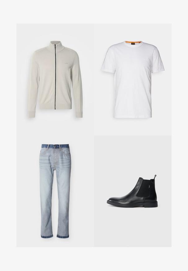 Lysegrå zip-up sweater med høj krave, ribbede manchetter og kant, med et diskret logo på brystet og en kontrasterende sort lynlås.; Hvid bomulds T-shirt med rund hals, korte ærmer og et subtilt præget logo på brystet. Indvendigt mærke har en orange detalje.; Lyseblå denimjeans med mørkeblå linning, design med lige ben, fem lommer og synlige syningsdetaljer.; Sorte læder Chelsea støvler med elastiske sidepaneler, en pull-tab og en flad gummisål. Glat tekstur med minimal detaljer.