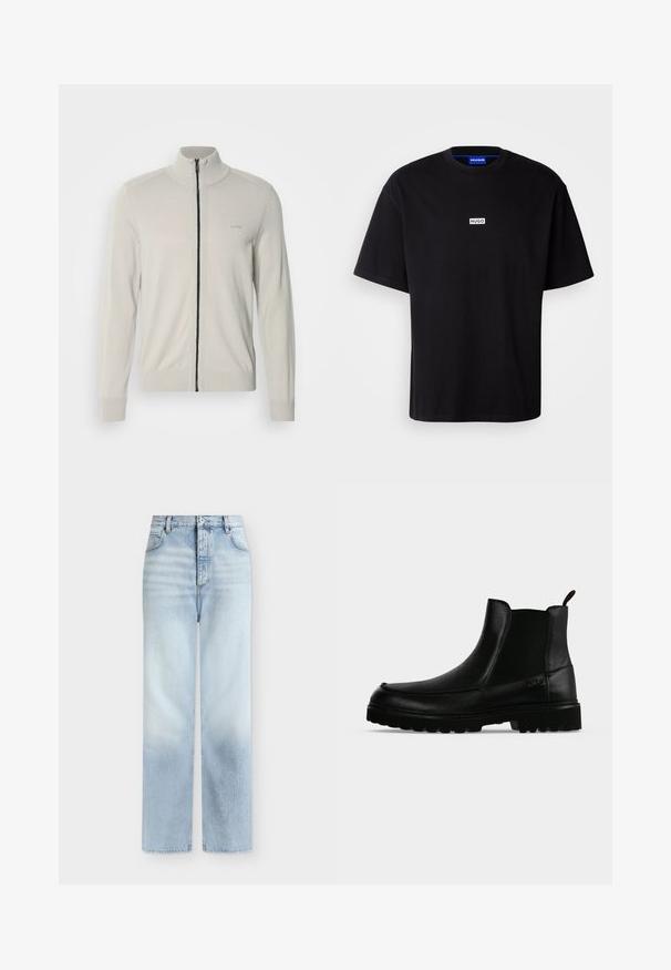 Lichtgrijze zip-up sweater met een hoge kraag, ribbelmanchetten en -zoom, voorzien van een subtiele logo op de borst en een contrasterende zwarte rits.; Zwarte katoenen t-shirt met een ronde hals, korte mouwen en een witte rechthoekige "HUGO" logo op de borst. Gladde textuur, relaxte pasvorm.; Lichtblauwe, hoog getailleerde, rechte jeans met voorzakken, riemlussen en een knoopsluiting.; Zwarte leren enkellaars met een gestructureerde zool, elastische zijpanelen en een trekriempje op een lichtgrijze achtergrond.