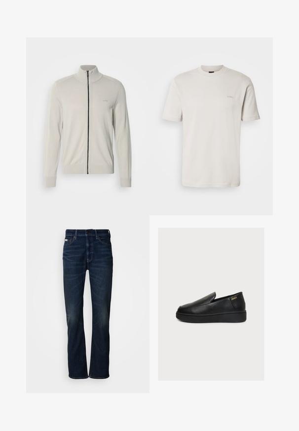 Lichtgrijze zip-up sweater met een hoge kraag, ribbelmanchetten en -zoom, voorzien van een subtiele logo op de borst en een contrasterende zwarte rits.; Effen lichtbeige T-shirt met korte mouwen en ronde hals, met een klein "BOSS"-logo geborduurd op de linkerborst.; Donkerblauwe denim jeans met een recht model, voorzien van subtiele vervaging, een knoopsluiting en traditionele vijfzakkenstijl.; Zwarte leren slip-on platformschoen met dikke zool en klein gouden "HUGO" logo nabij de hiel op een effen lichte achtergrond.