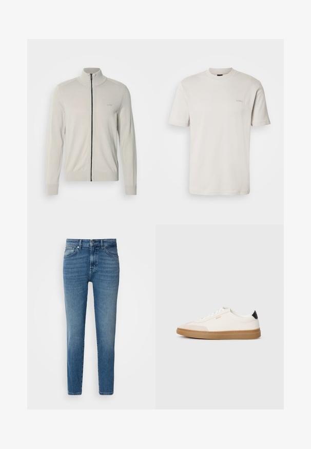 Lichtgrijze zip-up sweater met een hoge kraag, ribbelmanchetten en -zoom, voorzien van een subtiele logo op de borst en een contrasterende zwarte rits.; Effen lichtbeige T-shirt met korte mouwen en ronde hals, met een klein "BOSS"-logo geborduurd op de linkerborst.; Lichtblauwe denim jeans met een rechte pasvorm, traditionele vijf-pocket stijl, metalen knoopsluiting en subtiele vervaging aan de voorkant.; Witte sneakers met beige accenten, bovenwerk van glad leer, ronde neus en rubberen gumzool, met een zwarte hieltab en subtiele branding.