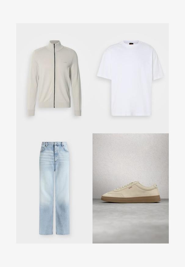 Suéter de cremallera gris claro con cuello alto, puños y dobladillo acanalados, que presenta un sutil logo en el pecho y una cremallera negra contrastante.; Camiseta de algodón blanca con cuello redondo, mangas cortas y un corte relajado. Presenta costuras de hombro texturizadas para un detalle adicional.; Vaqueros azul claro de talle alto y pierna recta con bolsillos delanteros, trabillas para cinturón y cierre de botón.; Zapatilla de ante beige claro con suela de goma color caramelo, cordones prominentes y detalles de costura sutiles. Diseño limpio con una estética minimalista.