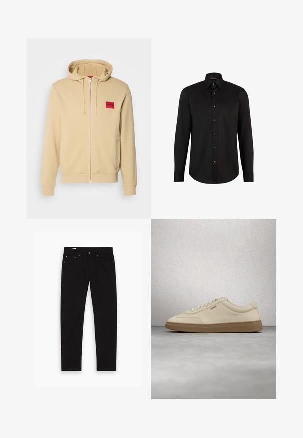 Haut à capuche zipé beige en mélange de coton doux, avec un écusson logo carré rouge sur la poitrine gauche. Comprend une capuche avec cordon de serrage et des poches latérales.; Chemise noire à manches longues en tissu lisse, dotée d'une fermeture à boutons à l'avant avec des boutons contrastés et d'un col classique.; Jean noir à jambe droite avec poches avant et arrière, passants de ceinture, et fermeture à bouton et zip, posé à plat sur un fond blanc.; Baskets en daim beige clair avec une semelle en caoutchouc gomme, des lacets prononcés et des détails de couture subtils. Design épuré avec une esthétique minimaliste.