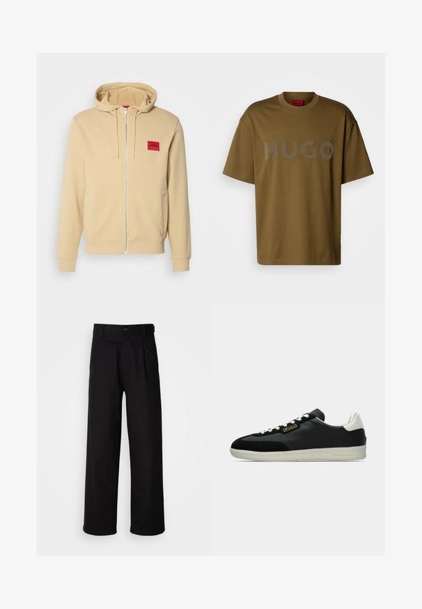 Haut à capuche zipé beige en mélange de coton doux, avec un écusson logo carré rouge sur la poitrine gauche. Comprend une capuche avec cordon de serrage et des poches latérales.; T-shirt en coton vert olive avec un col rond et des manches courtes, arborant un grand logo "HUGO" gris imprimé sur le devant.; Pantalon noir en tissu lisse, avec une coupe droite, des plis à l'avant et une fermeture à bouton unique à la taille.; Baskets en cuir noir avec des accents blancs, des panneaux texturés et une semelle en caoutchouc lisse. Présentent un logo bien visible sur le côté et un laçage classique.