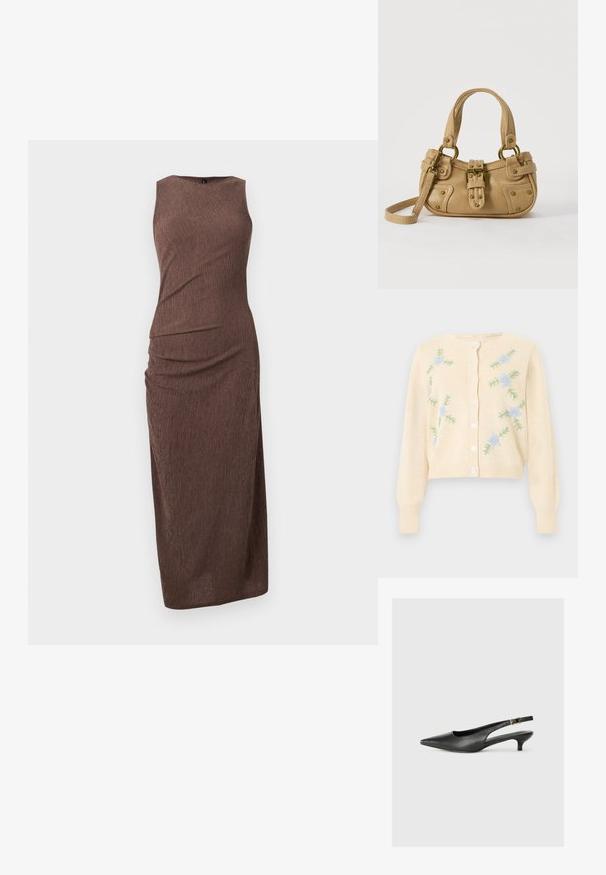 Cardigan en tricot crème à manches longues, boutons sur le devant et broderie de fleurs bleu clair avec feuilles vertes sur les côtés avant.; Robe longue marron sans manches en tissu texturé froissé, avec une silhouette ajustée s'étendant jusqu'aux chevilles.; Chaussure slingback noire à bout pointu en cuir lisse. Présente un talon fin et un détail de boucle sur la sangle réglable.; Sac à main en cuir beige avec double poignées, boucle en laiton et détails rivetés, ainsi qu'une bandoulière réglable sur fond blanc.