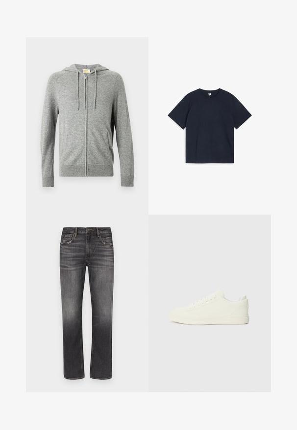 Sweat à capuche gris à fermeture éclair, avec capuche à cordon de serrage, poignets côtelés et texture lisse. Comprend des poches latérales et un design avant épuré.; T-shirt noir à manches courtes et col rond posé à plat sur un fond blanc, montrant le devant et l'étiquette du col.; Jean droit pour homme en denim gris foncé avec légère décoloration et design classique à cinq poches sur fond blanc.; Baskets blanches avec une tige à texture lisse, bout arrondi et laçage traditionnel, arborant un design minimaliste et une semelle en caoutchouc.