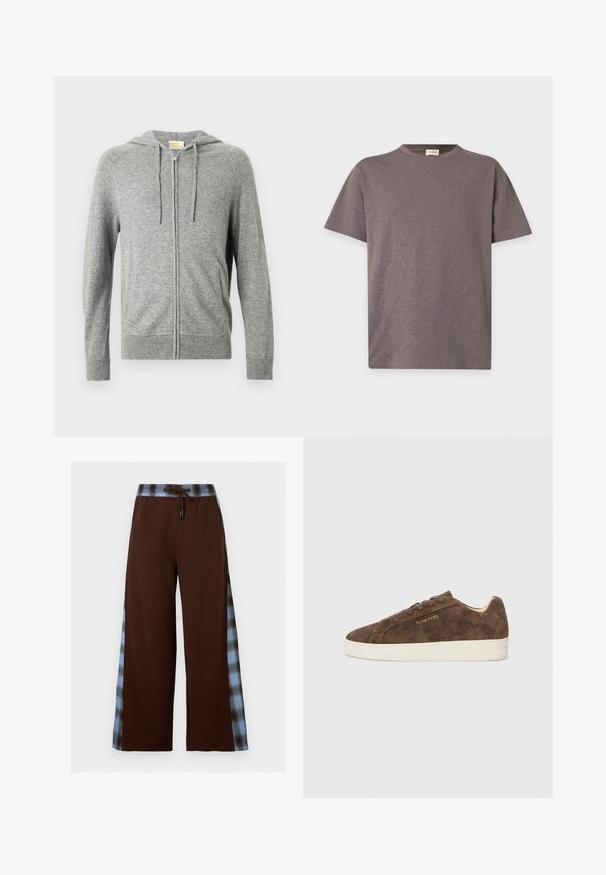 Sweat à capuche gris à fermeture éclair, avec capuche à cordon de serrage, poignets côtelés et texture lisse. Comprend des poches latérales et un design avant épuré.; T-shirt uni à manches courtes et col rond, couleur marron atténuée avec une texture subtile et un petit logo près du bas à droite.; Pantalon large marron avec bandes latérales à carreaux bleus et noirs et taille à lien coulissant.; Baskets en daim marron avec une silhouette basse, un bout arrondi et une semelle en caoutchouc blanc. Elles présentent des lacets foncés et un logo discret sur le côté.