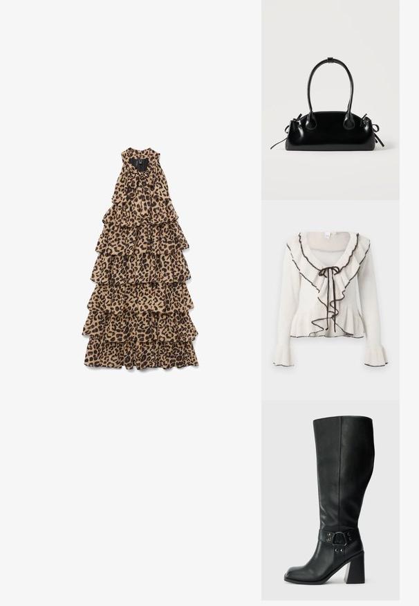 Ivory gebreide cardigan met een geschulpte halslijn, donkerbruine rand, striksluiting en klokmouwen. Zachte textuur en uitlopende zoom.; Mouwloze maxi-jurk met lagen en luipaardprint, met een strik bij de hals, plat liggend op een witte achtergrond.; Kniehoge zwarte leren laarzen met een vierkante neus, brede hak en een decoratieve band met metalen accenten rond de enkel. Gladde textuur.; Kleine zwarte glanzende handtas met twee lange hengsels en zijkant trekkoord details op een effen lichte achtergrond.