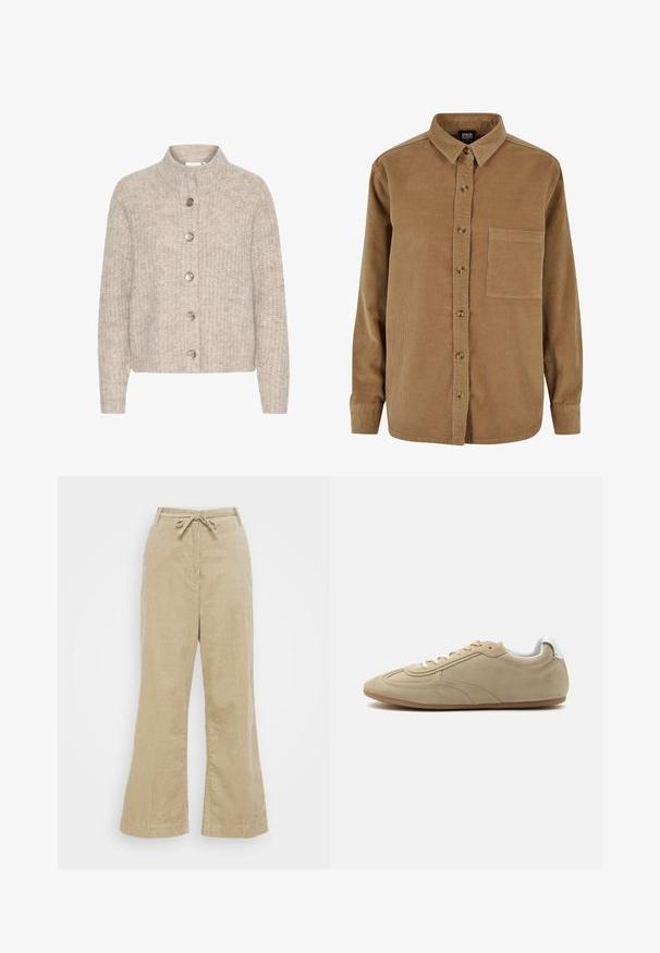 Cardigan en tricot beige avec un col montant, comportant cinq boutons argentés sur le devant et un tissu texturé et doux. Longueur courte, manches longues.; Chemise en velours côtelé marron avec un devant à boutons, un col pointu, des manches longues et une poche poitrine. Présente une texture verticale subtile et des boutons marron.; Pantalons en velours côtelé beige à taille élastique, présentant une texture cannelée et une coupe décontractée. Aucun poche visible ni détail en métal.; Baskets décontractées en daim beige avec lacets blancs, col de talon rembourré blanc et semelle en caoutchouc marron clair, vues de profil.