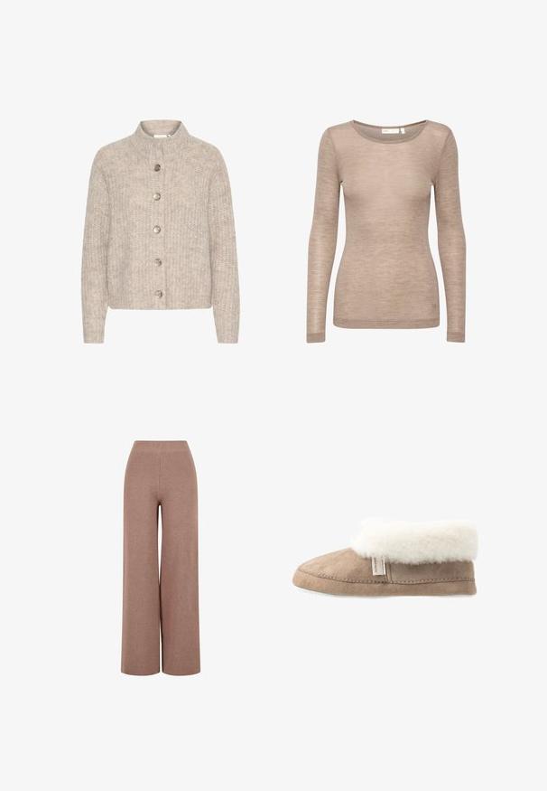 Cardigan en tricot beige avec un col montant, comportant cinq boutons argentés sur le devant et un tissu texturé et doux. Longueur courte, manches longues.; Top beige à manches longues en tissu léger. Présente un col rond et une silhouette ajustée avec des détails de couture minimaux.; Pantalons en maille marron à jambe large avec un tissu texturé, dotés d'une taille élastique et d'une coupe ample pour le confort.; Chausson en suède beige avec un col en fourrure blanche, texture douce, design à bout rond et semelle extérieure blanche. Présente une couture visible et une étiquette.