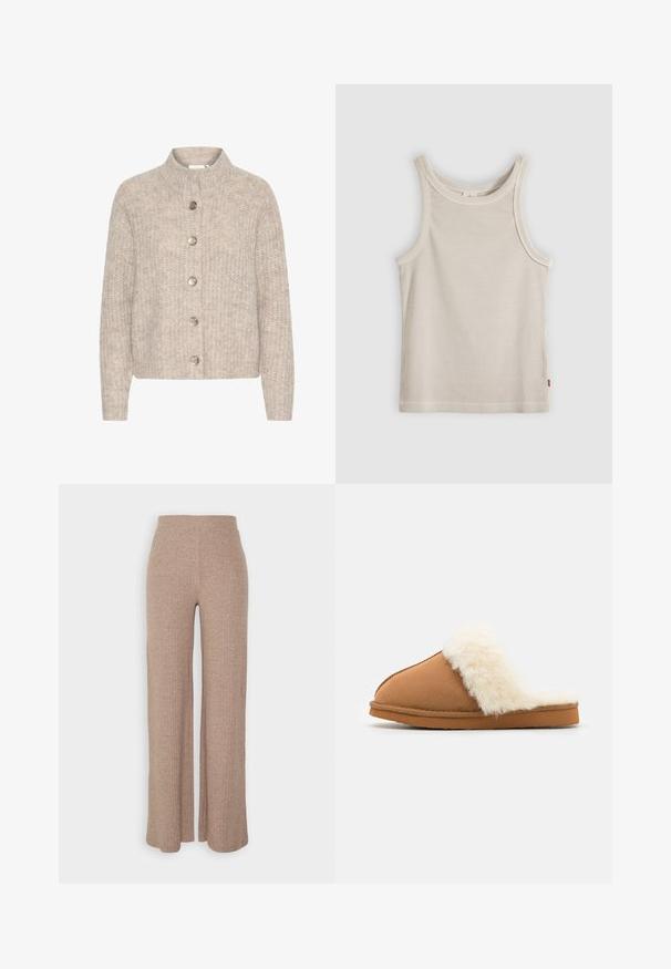 Cardigan en tricot beige avec un col montant, comportant cinq boutons argentés sur le devant et un tissu texturé et doux. Longueur courte, manches longues.; Débardeur beige côtelé sans manches avec encolure ronde et coupe ajustée, présenté sur un fond gris.; Pantalons larges en beige à côtes avec une taille haute et une texture douce, présentant une coupe loose et sans fermetures visibles.; Pantoufle en suede marron avec un manchon en fausse fourrure blanche, design à bout fermé, semelle plate et détails de couture visibles le long des bords.