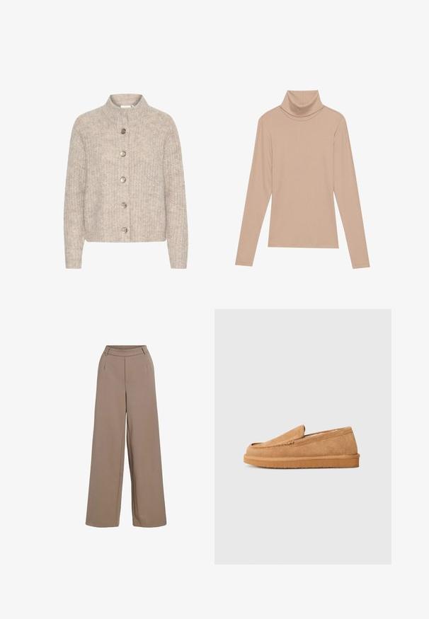 Cardigan en tricot beige avec un col montant, comportant cinq boutons argentés sur le devant et un tissu texturé et doux. Longueur courte, manches longues.; Haut col roulé à manches longues en vissage beige, présenté à plat sur un fond clair.; Pantalons larges beige avec une taille élastique haute, des poches latérales et des plis centraux, fabriqués dans un tissu lisse et léger.; Pantoufles en suède beige à enfiler avec un bout arrondi et un dos incliné, présentant une accent en couture sur le dessus et une semelle en caoutchouc plate.