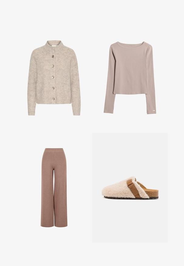 Cardigan en tricot beige avec un col montant, comportant cinq boutons argentés sur le devant et un tissu texturé et doux. Longueur courte, manches longues.; Chemise à manches longues beige clair en tissu doux et extensible. Présente un décolleté large et un ourlet légèrement court. Détails de couture subtils.; Pantalons en maille marron à jambe large avec un tissu texturé, dotés d'une taille élastique et d'une coupe ample pour le confort.; Sabots en shearling beige à enfiler avec une sangle en daim marron, semelle en liège et semelle extérieure en caoutchouc texturé, conçus pour le confort et le port décontracté.