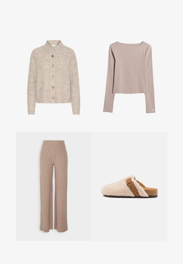 Cardigan en tricot beige avec un col montant, comportant cinq boutons argentés sur le devant et un tissu texturé et doux. Longueur courte, manches longues.; Chemise à manches longues beige clair en tissu doux et extensible. Présente un décolleté large et un ourlet légèrement court. Détails de couture subtils.; Pantalons larges en beige à côtes avec une taille haute et une texture douce, présentant une coupe loose et sans fermetures visibles.; Sabots en shearling beige à enfiler avec une sangle en daim marron, semelle en liège et semelle extérieure en caoutchouc texturé, conçus pour le confort et le port décontracté.
