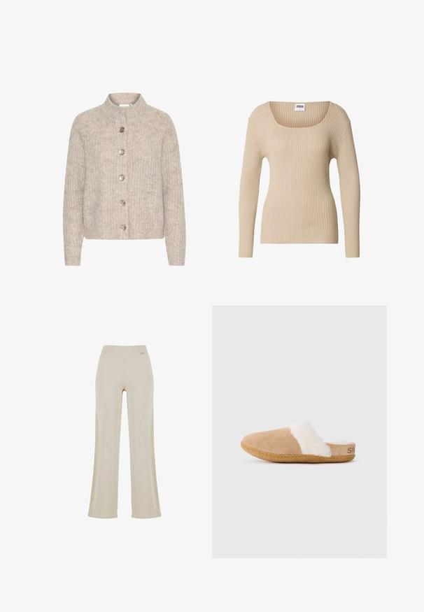 Cardigan en tricot beige avec un col montant, comportant cinq boutons argentés sur le devant et un tissu texturé et doux. Longueur courte, manches longues.; Pull côtelé beige avec un col carré et des manches longues, fabriqué en tissu doux et texturé. Design simple, idéal pour superposer.; Pantalons larges beige avec une texture en ribbed lisse, taille élastique et sans ornements visibles, offrant une silhouette décontractée.; Chausson en daim tan avec doublure blanche duveteuse et semelle en caoutchouc, présenté en profil latéral sur fond blanc.