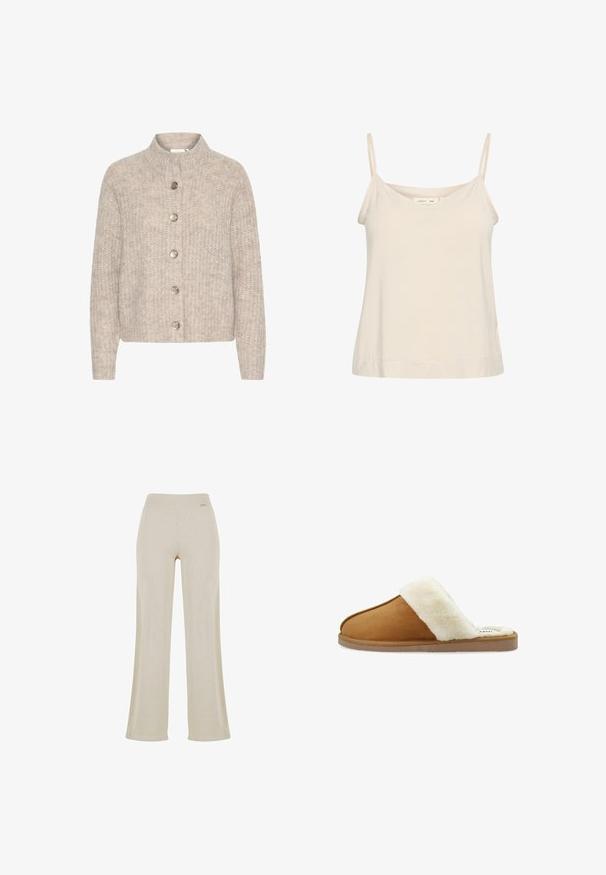 Cardigan en tricot beige avec un col montant, comportant cinq boutons argentés sur le devant et un tissu texturé et doux. Longueur courte, manches longues.; Camisole beige clair en tissu doux, avec de fines bretelles réglables et un décolleté en V, offrant une coupe légèrement décontractée.; Pantalons larges beige avec une texture en ribbed lisse, taille élastique et sans ornements visibles, offrant une silhouette décontractée.; Pantoufle en daim brun avec un revers en fourrure blanche, conception à bout ouvert, texture douce et semelle plate en caoutchouc. Présente des coutures contrastées pour le détail.