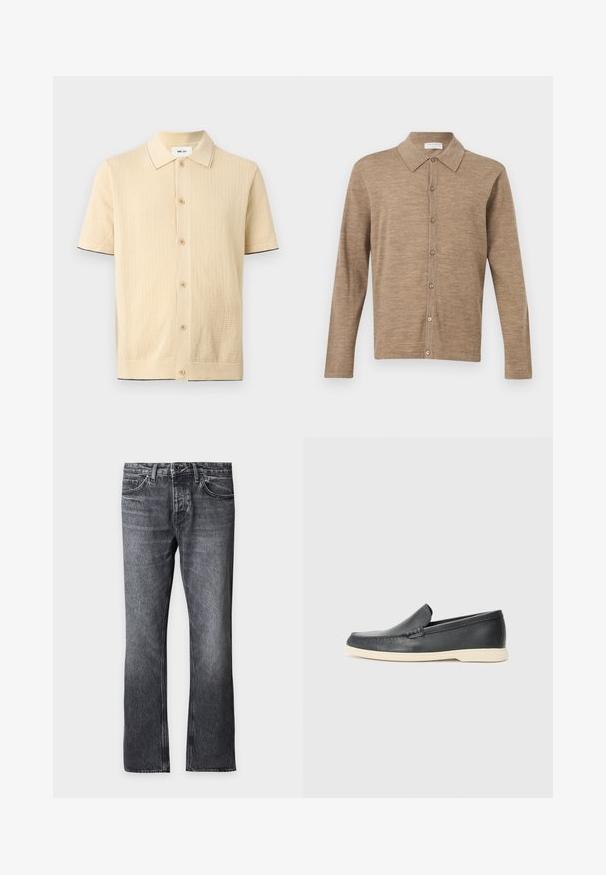 Chemise en tricot beige à manches courtes avec boutons sur le devant, col pointu, tissu texturé et bordure sombre subtile sur les poignets et l'ourlet.; Cardigan beige à manches longues avec boutons et col, en tissu tricoté doux, présenté sur un fond blanc uni.; Jeans en denim noir délavé coupe droite avec fermeture par bouton et zip, passants pour ceinture et poches avant sur fond blanc.; Mocassin noir en cuir à enfiler avec semelle beige, positionné en suspension près d'un porte-revues en fil métallique sur un sol en terrazzo.