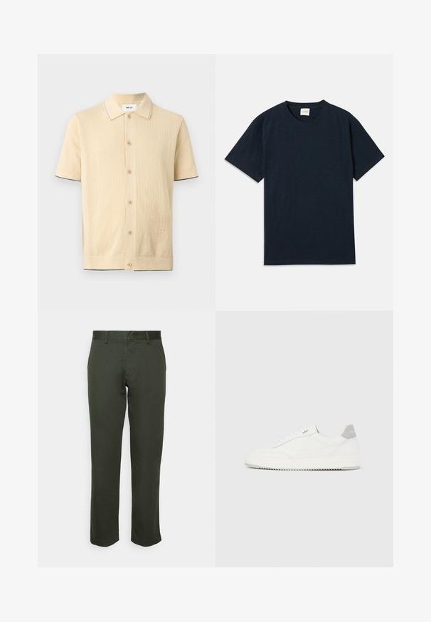 Chemise en tricot beige à manches courtes avec boutons sur le devant, col pointu, tissu texturé et bordure sombre subtile sur les poignets et l'ourlet.; T-shirt à manches courtes en bleu marine uni avec un petit logo embossé près de l'ourlet inférieur.; Pantalon droit vert foncé en tissu mélangé de coton. Caractéristiques : taille plate, passants de ceinture, et sans motifs ni accents visibles.; Baskets basses blanches avec un onglet de talon gris, des lacets blancs et une semelle texturée, présentées sur un fond uni clair.