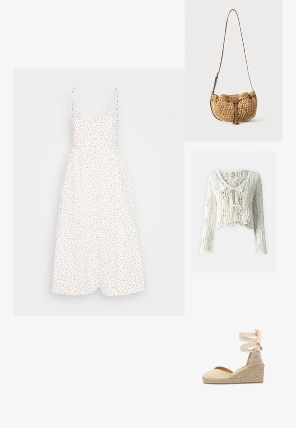 Cardigan court au crochet de couleur crème. Doté de manches longues, d'un décolleté en V profond et d'une fermeture à cordon ajustable à l'avant. Tissu texturé avec une trame ouverte.; Madewell ALEXA RUFFLE BODICE BUTTON DOWN MIDI DRESS PRINT - Robe chemise - lighthouse; Espadrille compensée beige avec semelle en jute tressé et ruban à nouer autour de la cheville, présentant un contrefort de talon en tissu texturé.; Petit sac d'épaule tressé beige avec bandoulière en cuir marron réglable et détail de lien en cuir à l'avant, suspendu sur fond blanc.