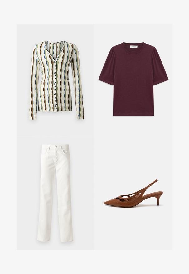 Strikket cardigan med V-hals, der har bølgemønstre i brun, blå og grøn. Knappet front med sort og hvid accent. Lange ærmer.; Bordeaux kortærmet t-shirt med rund hals, blød tekstur og indsamlet detalje på skuldrene. Fremstillet af letvægtsmateriale.; Hvide denimjeans med lige ben-design, fem lommer, knaplukning og subtil tekstur. Afsluttet med bæltestropper og standard søm.; Brune læderslingback med spids tå, udskæringsdesign og stikninger. Har en slank hæl og justerbar rem.
