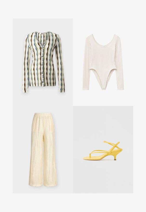 Strikket cardigan med V-hals, der har bølgemønstre i brun, blå og grøn. Knappet front med sort og hvid accent. Lange ærmer.; Langærmet bodysuit i blødt beige stof, med rundet halsudskæring, tætsiddende pasform og trykknapper i bunden.; Lyse beige bukser med vide ben, en elastisk talje med rynk og en let krøllet stoftekstur.; Gul remsandale med et minimalistisk design, der har en tynd tåstrop og en lav, solid hæl. Glat tekstur, slank silhuet.